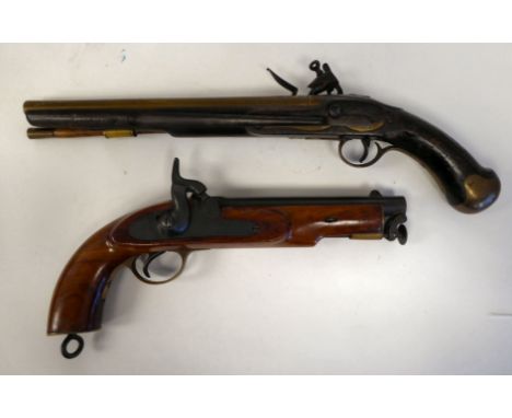 An Irish flintlock tower pistol&nbsp; 19"L overall; and another, more modern, similar, without marks&nbsp; 14"L overall (Plea