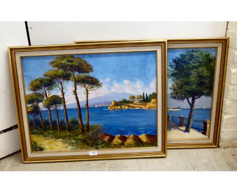 R Devaux - two Continental coastal town studies&nbsp; oils on canvas&nbsp; bearing signatures&nbsp; 18" x 23"&nbsp; framed