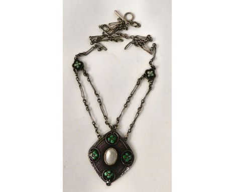 An Arts &amp; Crafts style Murrle Bennett hammered silver pendant, set with enamel and mother-of-pearl, on an attendant neckc