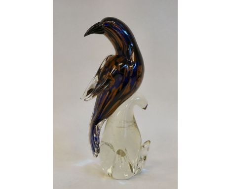 A vintage, circa 1970, Formia Vetri Di Murano Art Glass model bird, decorated in streaky tones of blue and sparking bronze, o