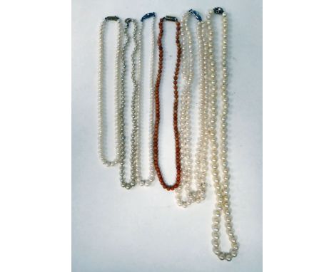 Pearl and bead necklaces: to include some with silver and 9ct gold clasps