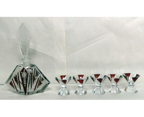 A Continental ruby and clear glass liqueur decanter of diamond form&nbsp; 10.5"h; and five matching glasses