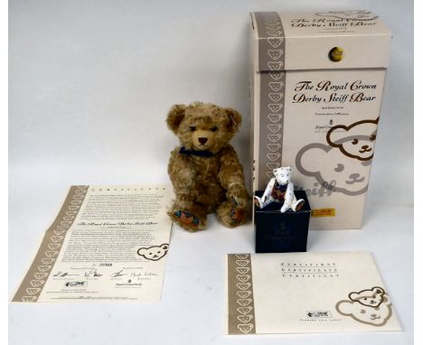 The Royal Crown Derby Steiff dark blonde mohair Teddy bear with a mobile head and limbs, a stitched nose and bow tie&nbsp; 9"