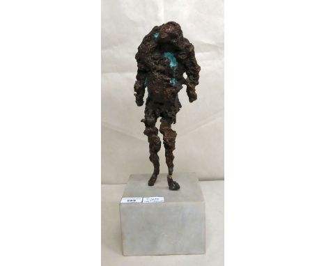 A bronze abstract sculpture, a standing figure, on a marble plinth&nbsp; 17"h