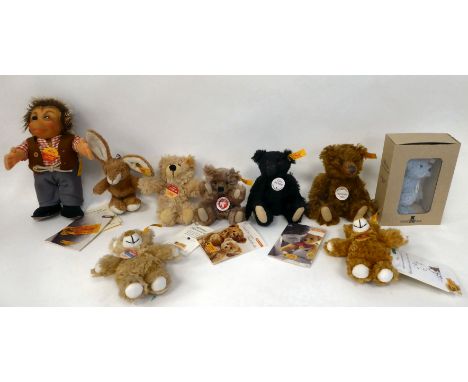 Nine small Steiff Teddy bears: to include a 2004 Club pale blue example&nbsp; 4"h; and a black 1912 replica bear&nbsp; 5"h