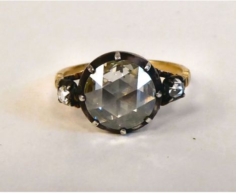 An 18ct gold, rose cut, claw set, diamond ring with two small stones on the shank&nbsp; approx. 2ct gross