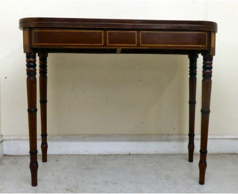 A 19thC mahogany and satinwood inlaid, D-shape card table with a green baize lined interior, raised on ring turned, tapered l