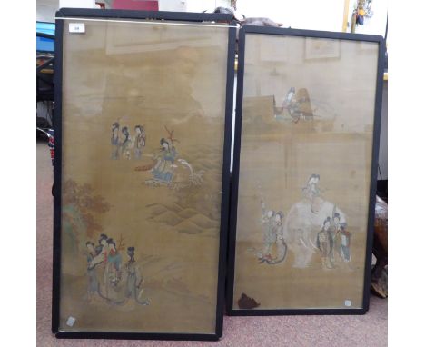 A pair of late 19thC panels, one depicting female figures, wearing traditional costume in groups; and one ridden by two maide