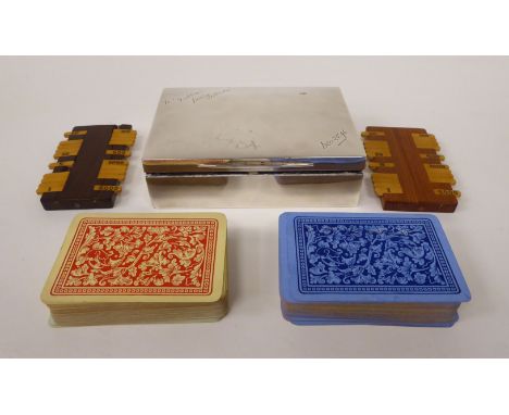 A late Victorian silver Bezique box with a hinged lid and blue hide lining, inscribed Thornhill, 144 New Bond St, containing 