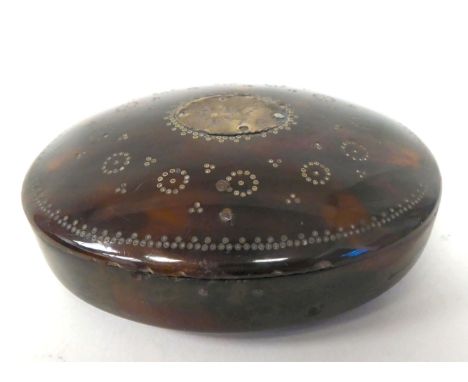 A late 18thC tortoiseshell cased, oval snuff box with a hinged lid, decorated in white metal designs, the lid inscribed 'FW' 