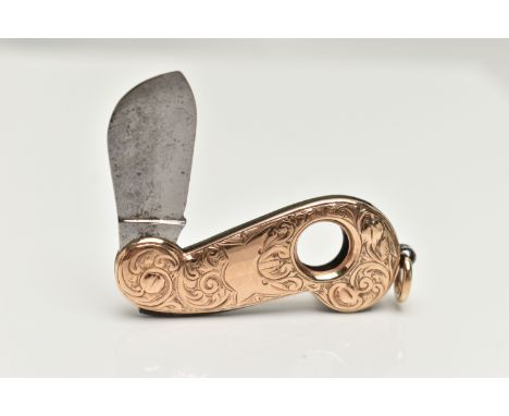 A LATE VICTORIAN 9CT GOLD CIGAR CUTTER, detailed with a floral pattern and vacant cartouche, fitted with a jump ring for susp