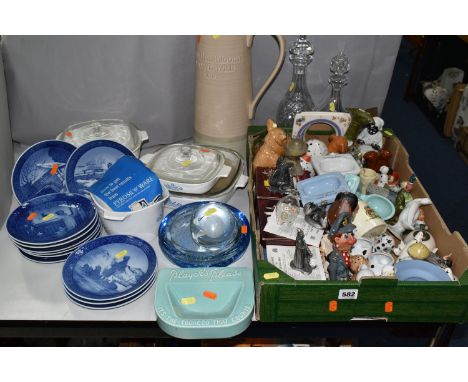 ONE BOX OF ORNAMENTS, COLLECTOR'S PLATES AND KITCHENWARE,  to include two cut crystal decanters, a Bourne -Denby 'Plater's Pl