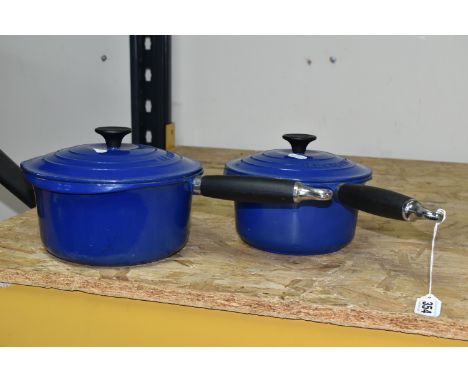 TWO LE CREUSET SAUCEPANS, in mid blue with precision pour lips, diameters 20cm and 18cm (2) (Condition Report: generally ok, 