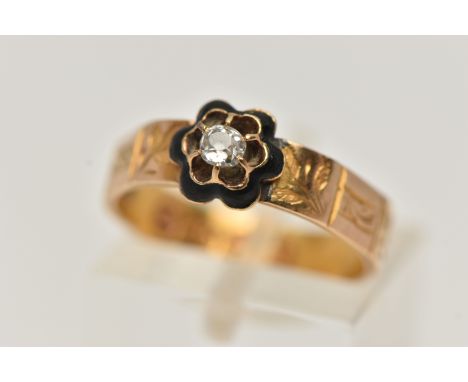 A MID VICTORIAN 15CT GOLD MOUNRING RING, designed as a single old cut diamond, estimated diamond weight 0.10cts, claw set wit