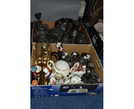 THREE BOXES OF CERAMICS, PEWTER, TEDDY BEARS AND SUNDRY ITEMS, to include a collection of pewter teapots, tankards and jugs, 