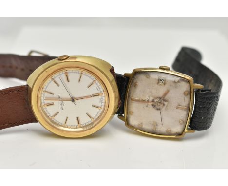 TWO GOLD PLATED VINTAGE WRISTWATCHES, the first a Pierce cushion shaped automatic wristwatch, discoloured silvered dial with 