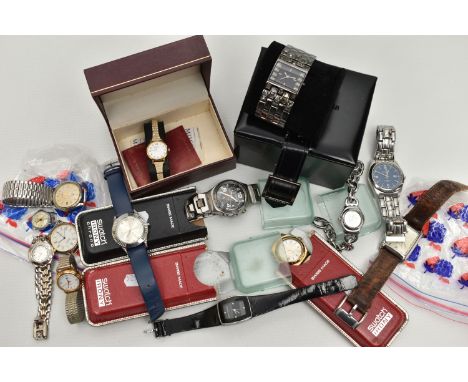 A BOX OF WRISTWATCHES, to include a ladys boxed 'Karen Millen' quartz watch, a ladys boxed 'Rotary', a boxed 'Swatch Irony Ch