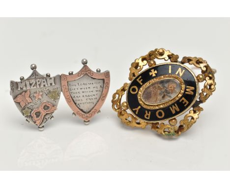 A VICTORIAN MOURNING BROOCH AND A SWEET HEART BROOCH, the yellow metal and black enamel mourning brooch inscribed 'In Memory 