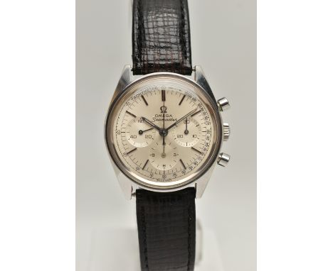 AN OMEGA SEAMASTER CHRONOGRAPH WRISTWATCH, the silver colour dial, with black enamel silver colour hourly applied markers, su