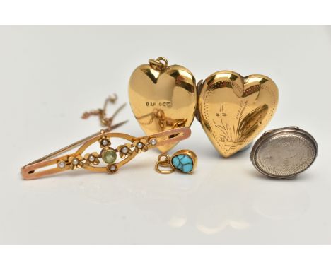 A YELLOW METAL BROOCH AND THREE PENDANTS, the brooch set with a central peridot with split pearl floral accents, on an open w