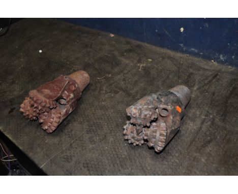 TWO VINTAGE TRI CONE ROCK BITS both approx. 6in in diameter, one stamped LW96 34018 35