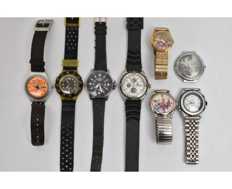 A BAG OF ASSORTED WRISTWATCHES, eight watches in total to include a quartz 'Swatch Swiss' round orange dial, fitted with a bl