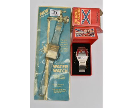A BOXED NOVELTY VINTAGE QUARTZ 'THE DUKES OF HAZZARD' UNISONIC ELECTRONIC WRISTWATCH, featuring a speeding car on two wheels 