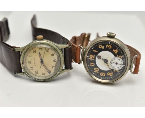 TWO MANUAL WIND EARLY TO MID 20TH CENTURY WRISTWATCHES, the first a discoloured silvered dial Baume wristwatch, luminescent A