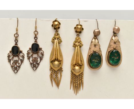 TWO PAIRS OF LATE VICTORIAN/ EARLY 20TH CENTURY DROP EARRINGS AND ANOTHER PAIR, the first a pair of AF pinchbeck Victorian ta
