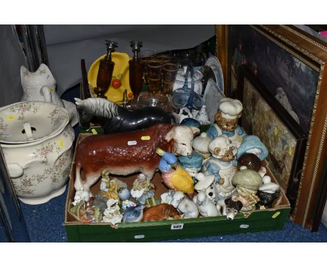 TWO BOXES OF CERAMICS, ORNAMENTS AND BRASSWARE, to include a Beswick 'Cockatoo' 1180, a  ceramic Hereford bull (possibly butc