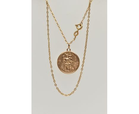 A 9CT GOLD ST.CHRISTOPHER PENDANT AND CHAIN, circular St. Christopher pendant hallmarked 9ct Birmingham, fitted with a jump r