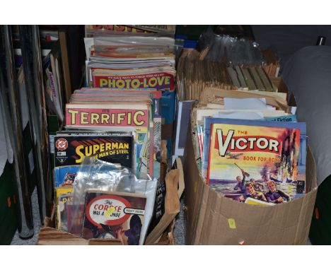 FIVE BOXES OF VINTAGE COMICS, MAGAZINES &amp; ANNUALS, several hundred titles to include Fantastic, It's Terrific, Photo-Love