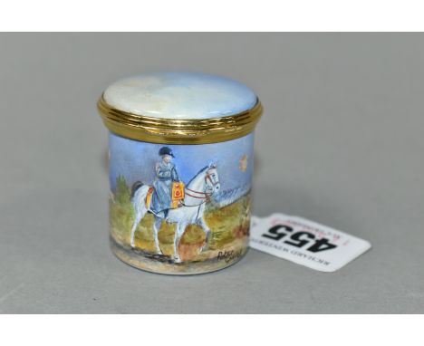 A PETER GRAVES (HERITAGE COLLECTIONS ENGLISH ENAMEL BOXES) CYLINDRICAL BOX WITH HINGED COVER, hand painted with a titled scen