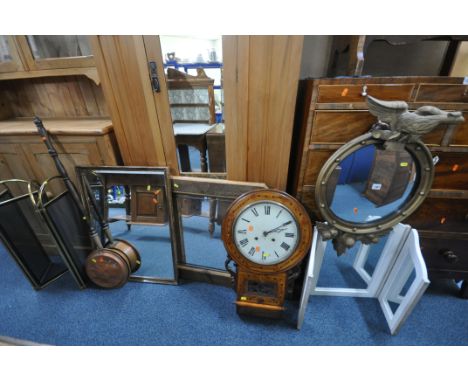A SELECTION OF WALL MIRRORS, to include a regency giltwood circular convex wall mirror, with a phoenix surmount, a modern tri