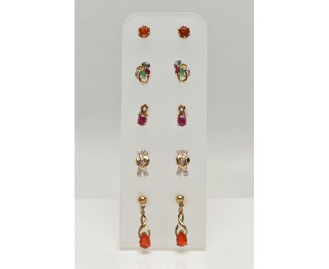 FIVE PAIRS OF GEM SET EARRINGS, to include a pair of 9ct yellow and white gold diamond set cross stud earrings, set with sing