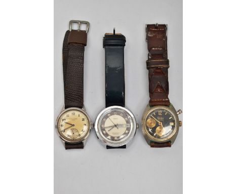 THREE GENTS WRISTWATCHES, the first a manual wind 'Movado Sport', round silver dial, Arabic numerals, subsidiary seconds dial