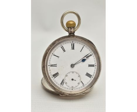 AN OPEN FACE POCKET WATCH, manual wind, round white dial, Roman numerals, subsidiary seconds dial at the six o'clock position