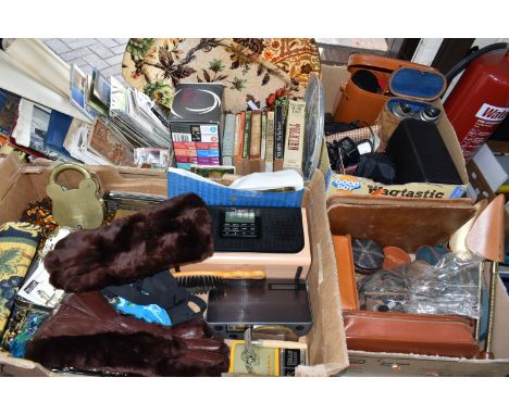FIVE BOXES OF VINTAGE AND MODERN HOMEWARES, EPHEMERA, BOOKS AND ACCESSORIES, to include a cased pair of vintage field glasses