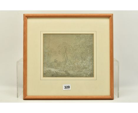 AN 18TH CENTURY ENGLISH SCHOOL LANDSCAPE SKETCH, two figures, one possibly an angler are crossing a bridge over a river, tree