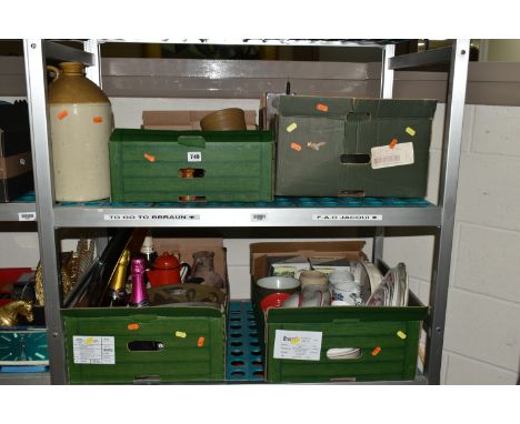 FOUR BOXES AND LOOSE CERAMICS, GLASS WARES AND SUNDRY ITEMS, to include a large stoneware bottle height 33cm, items of studio