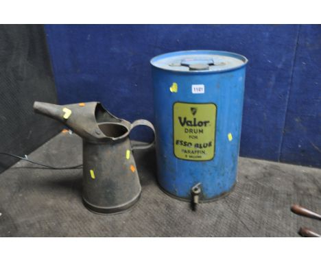 A VINTAGE PARAFFIN CAN with tap and a vintage oil can with funnel (2)