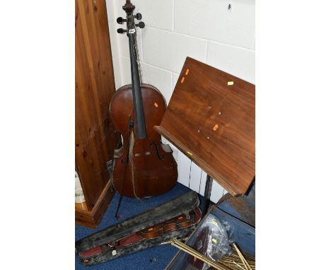 A VINTAGE METAL TRUNK, VIOLIN, CELLO AND A QUANTITY OF MUSIC STANDS, comprising a 19th century Button &amp; Purday of London 