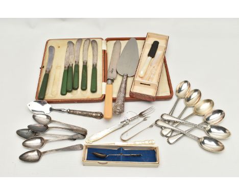 A PARCEL OF SILVER, SILVER PLATED AND MOTHER OF PEARL FLATWARE AND CUTLERY, the silver comprising a set of six Victorian bead