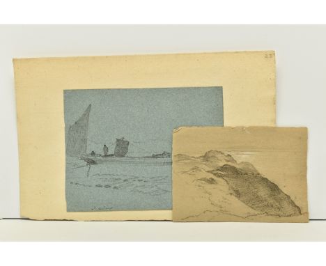 JOHN LINNELL (1792-1882) A SKETCH OF TWO BOATS, signed bottom left, pencil on paper, approximate size 12.5cm x 16.5cm, togeth