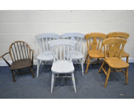 THREE BEECH KITCHEN CHAIRS, three painted kitchen chairs, and an Ercol elm chair (condition report: -Ercol chair cut down and