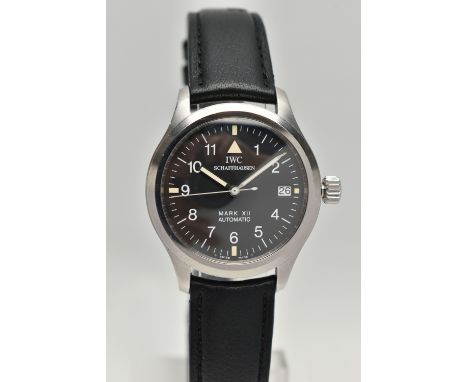 A BOXED STAINLESS STEEL IWC SCHEFFHAUSEN MARK XII AUTOMATIC PILOTS WRISTWATCH, black dial with Arabic numerals, date window a