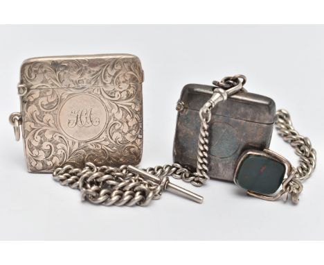 TWO SILVER VESTA CASE AND AN ALBERT CHAIN, the first vesta of a square form, scrolling foliate pattern with engraved cartouch