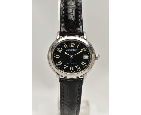 A BOXED STAINLESS STEEL AUDEMARS PIGUET MILLENARY AUTOMATIC WRISTWATCH, black dial with luminescent Arabic numerals, date win