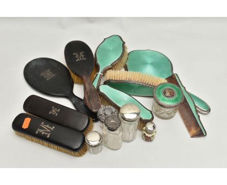 A BOX OF SILVER MOUNTED DRESSING TABLE ITEMS, including a George V silver and green enamel five piece dressing table set, mak