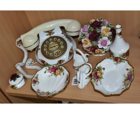 EIGHT PIECES OF ROYAL ALBERT OLD COUNTRY ROSES GIFT WARES, comprising a push button telephone (untested), a bowl of modelled 